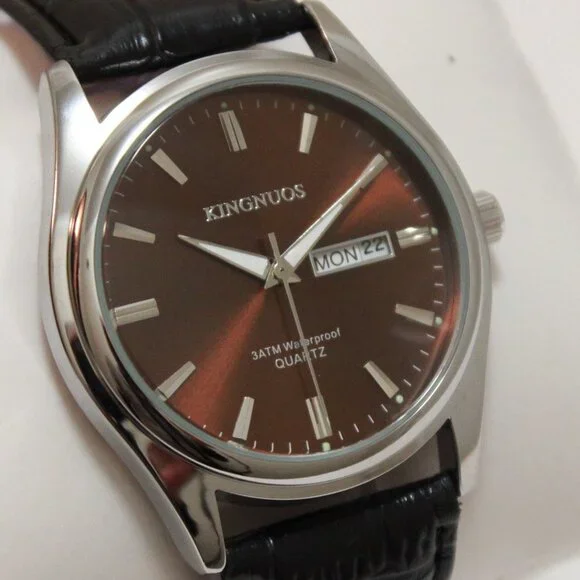 Men's Contemporary Dress Watch Silver Case Black Leather Watch Strap 40mm - Picture 8 of 13